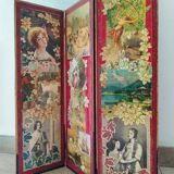 English Victorian 3-panel screen with varnished chromos