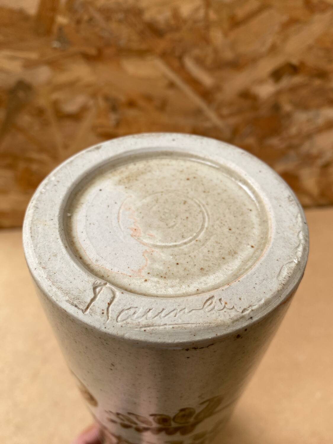 Antique beige enameled ceramic bottle vintage leaf decor