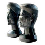 Two large Makonde warrior heads in ebony circa 1940