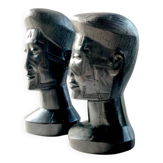 Two large Makonde warrior heads in ebony circa 1940