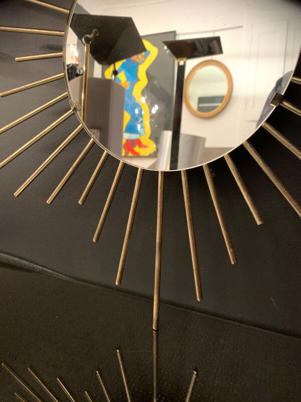 Miroir soleil vintage 1960 en métal doré - 60cm