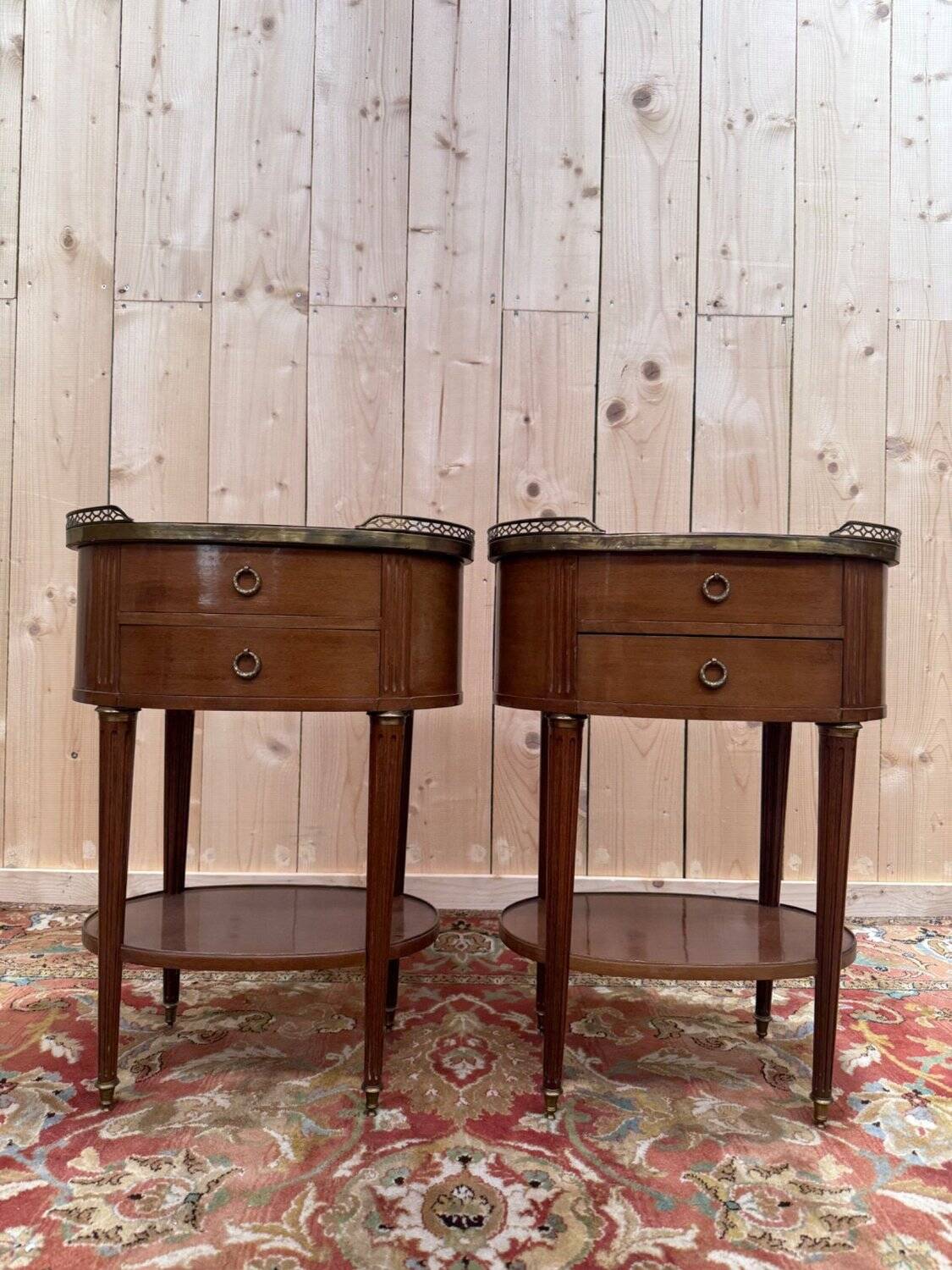 Pair of Louis XVI drum bedside tables in solid mahogany and marble.