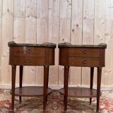 Pair of Louis XVI drum bedside tables in solid mahogany and marble.