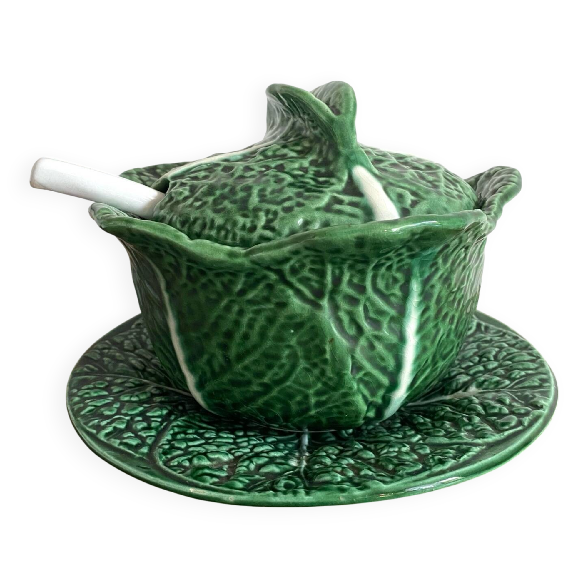 Soupière et plat en barbotine chou