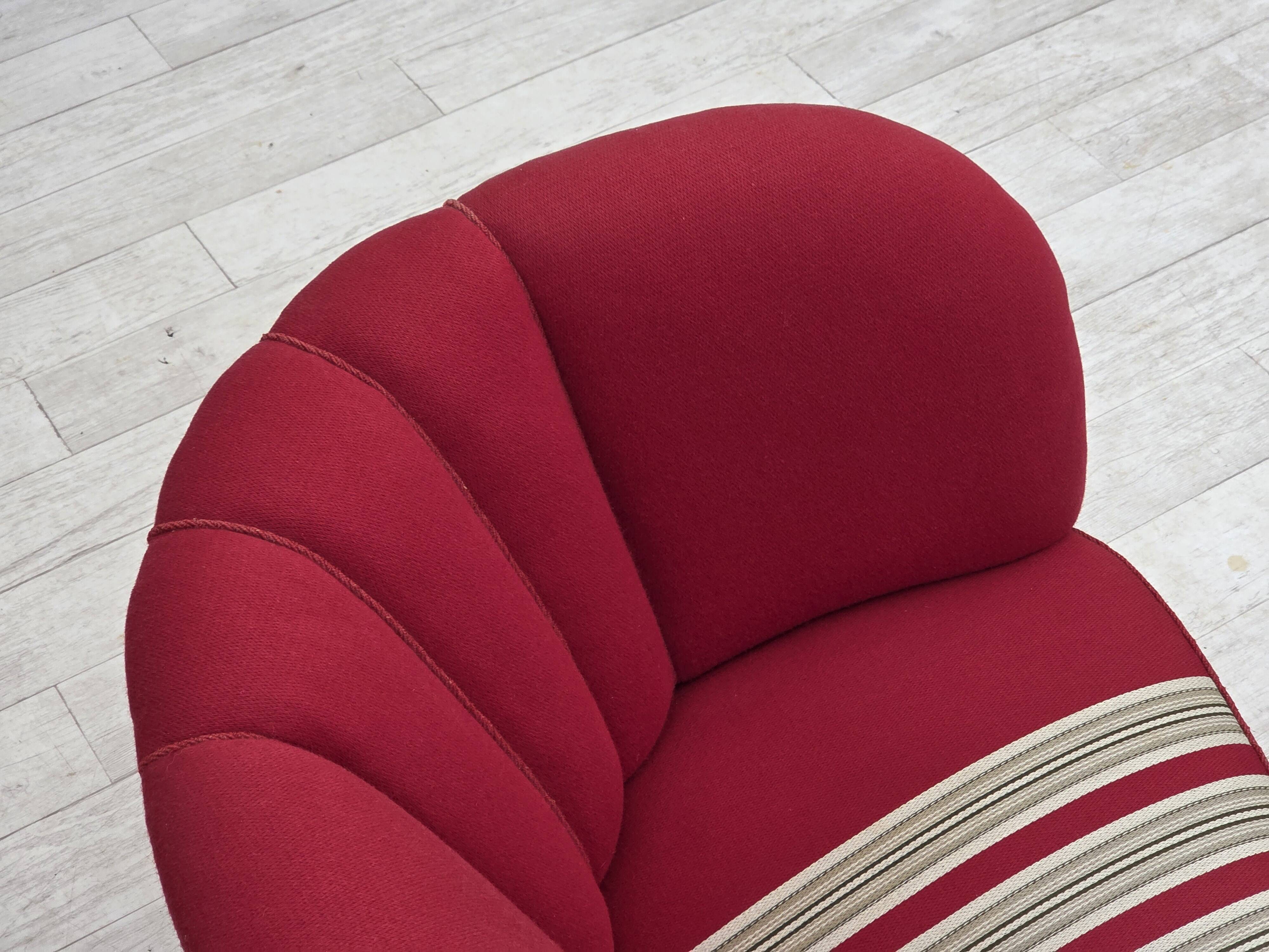 1960s, Danish 2-seater "Banana" sofa, furniture wool, oak wood legs.