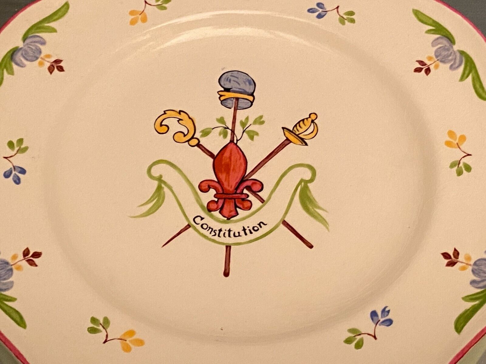 Flat earthenware Saint Amand style French Revolution A ça ira titled Constitution