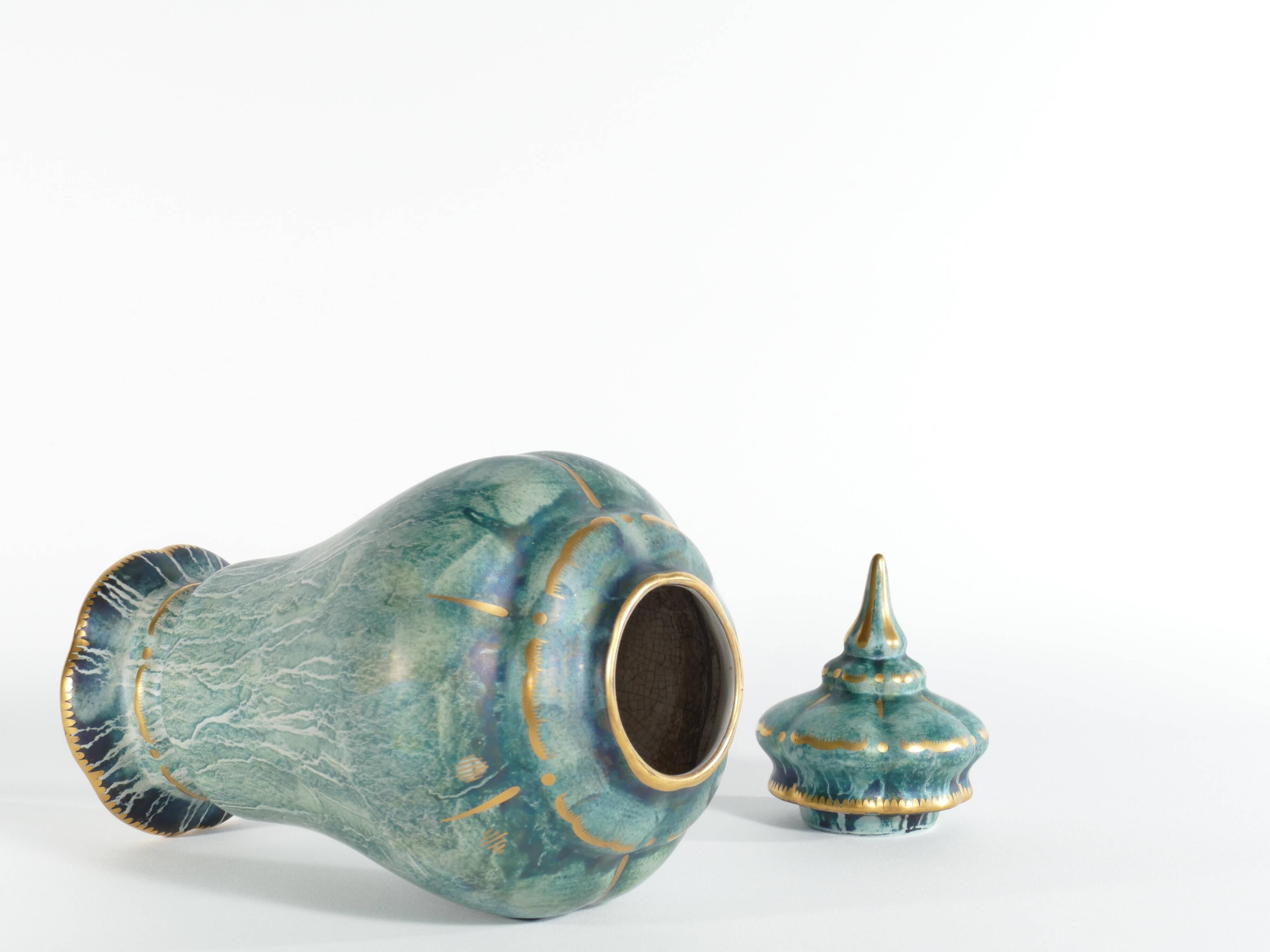 Art Deco Green Lustre Glaze Lidded Vase by Josef Ekberg Gustavsberg, 1920's