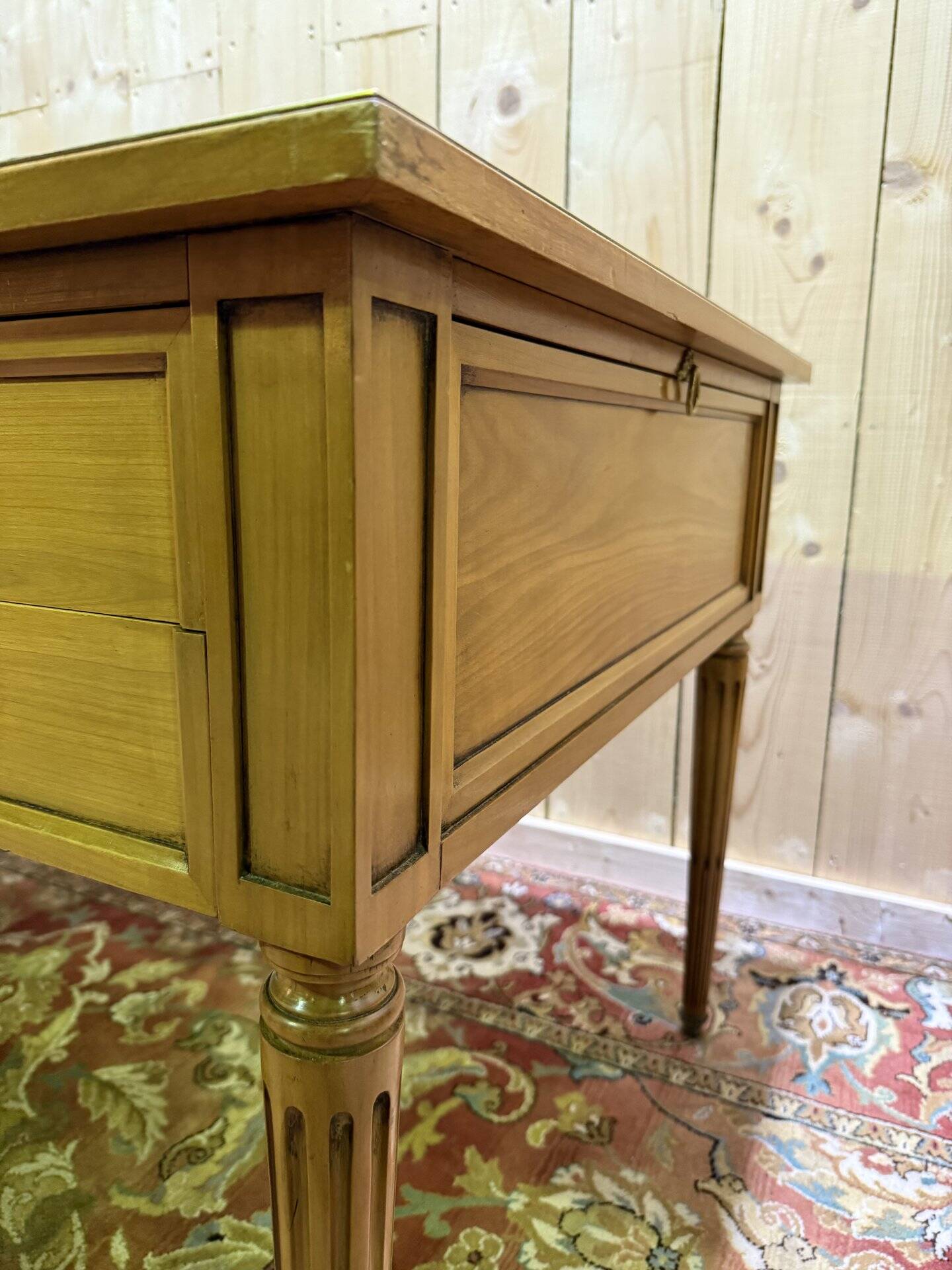 Louis XVI style flat desk in cherry wood and leather