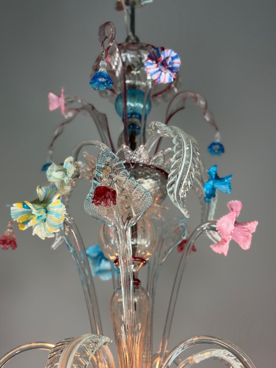 Venetian Rezzonico chandelier in multicoloured Murano glass circa 1900