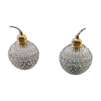 Suspension set of 2 vintage glass globes, diamond tip 15 cm