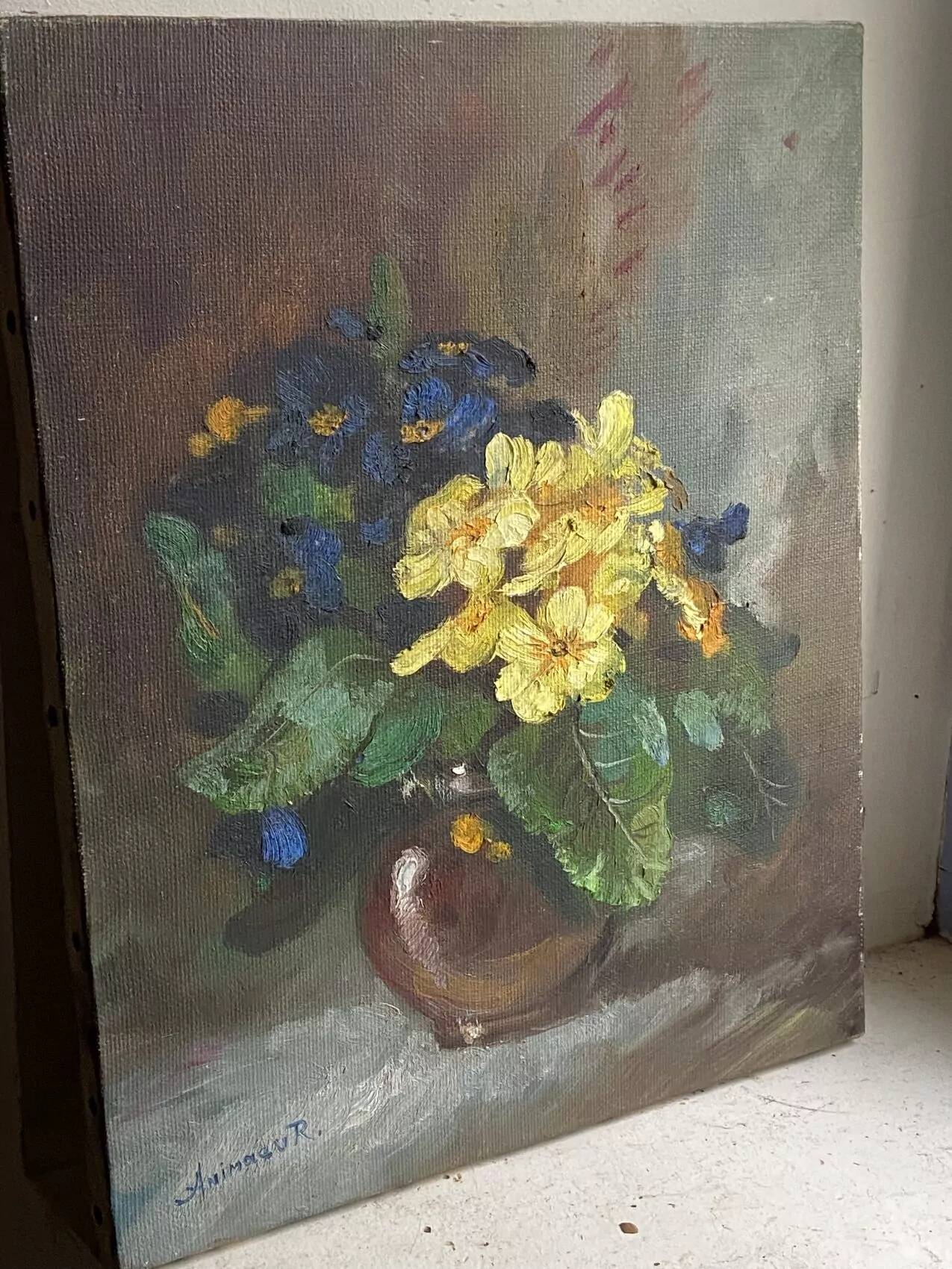 Old painting primroses signed Rinat Animaev – Russian school – oil on