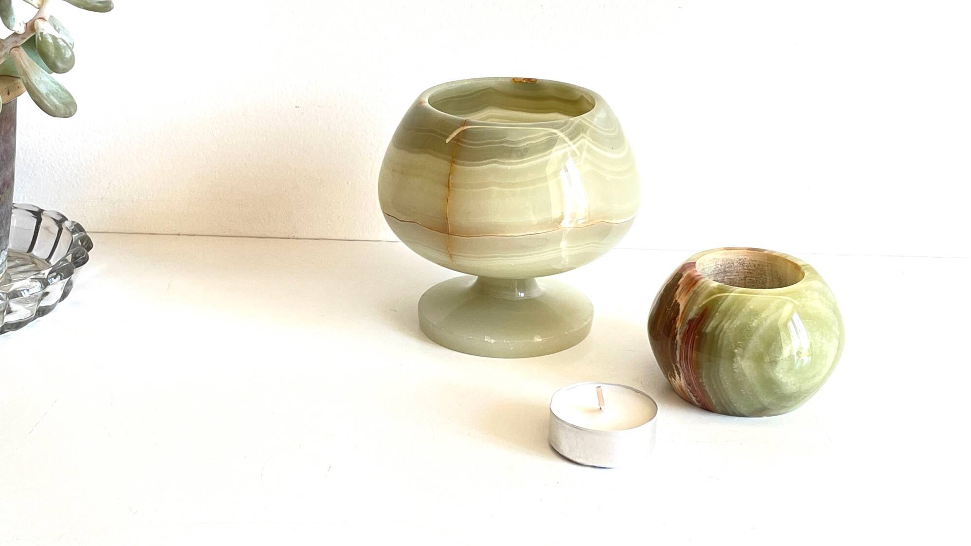 2 70s design onyx candle holders