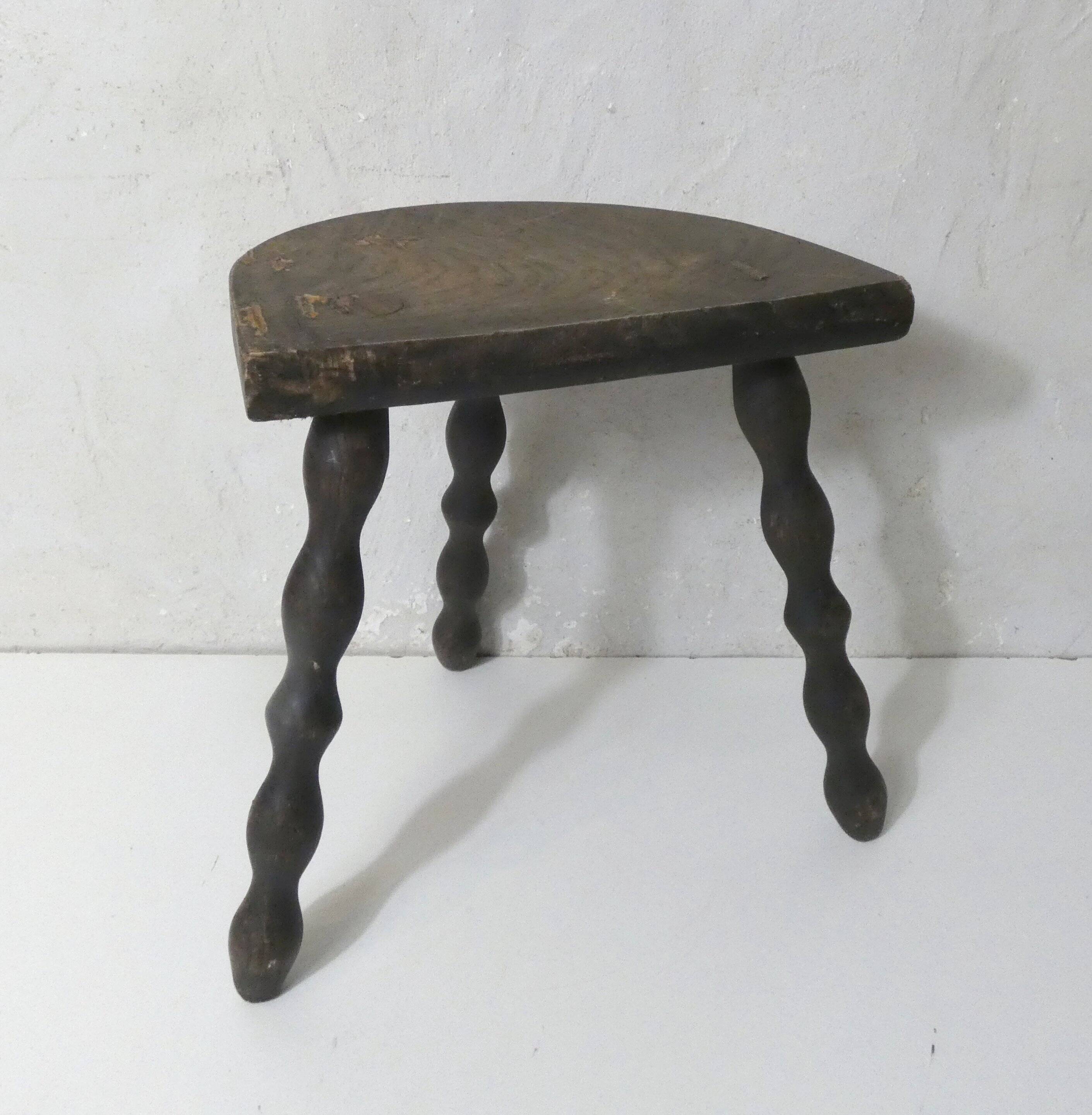 vintage half-moon solid wood turned beaded tripod stool