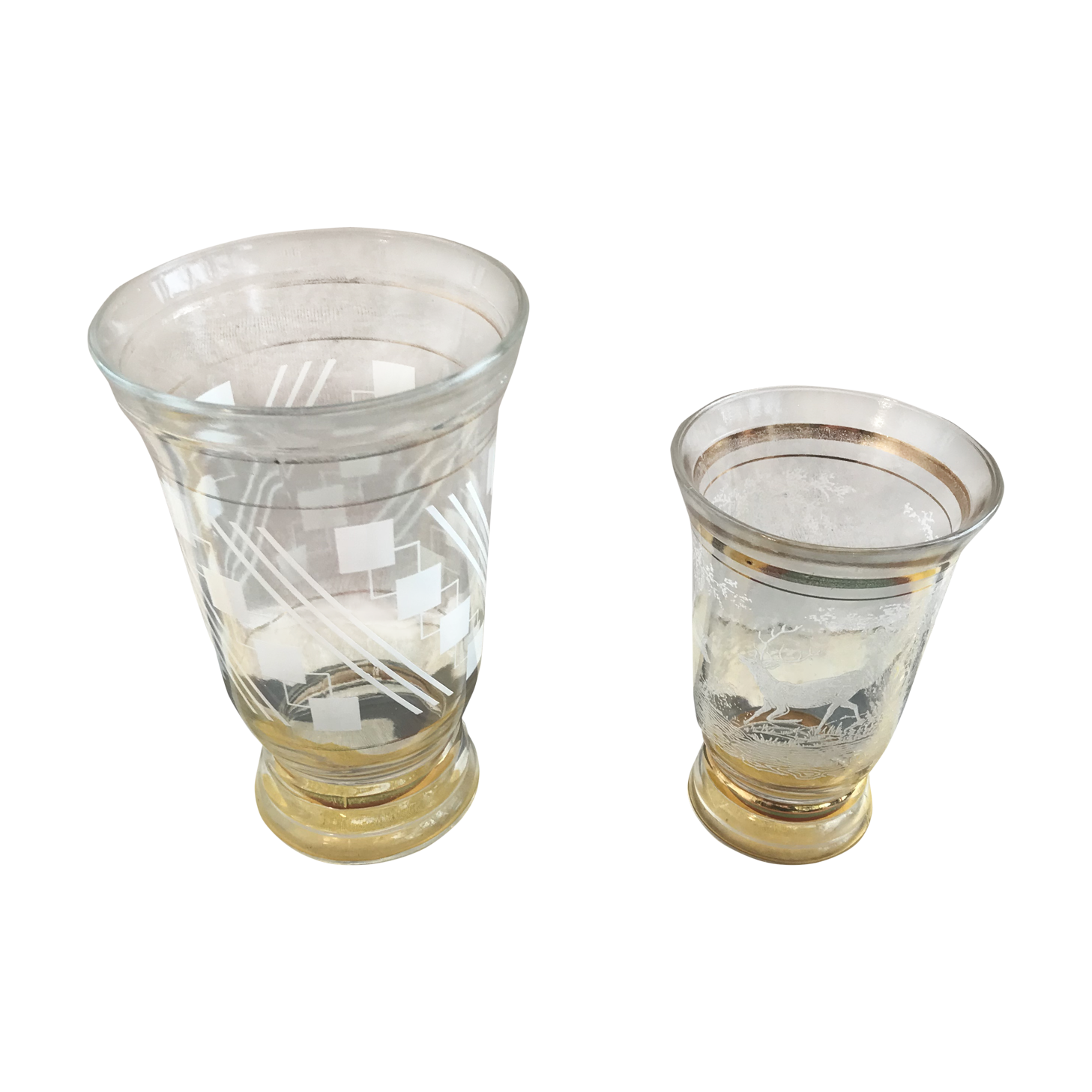 Pair Old Glass Vase Moulded Gold Decor AMORA - Vintage Geometric Design