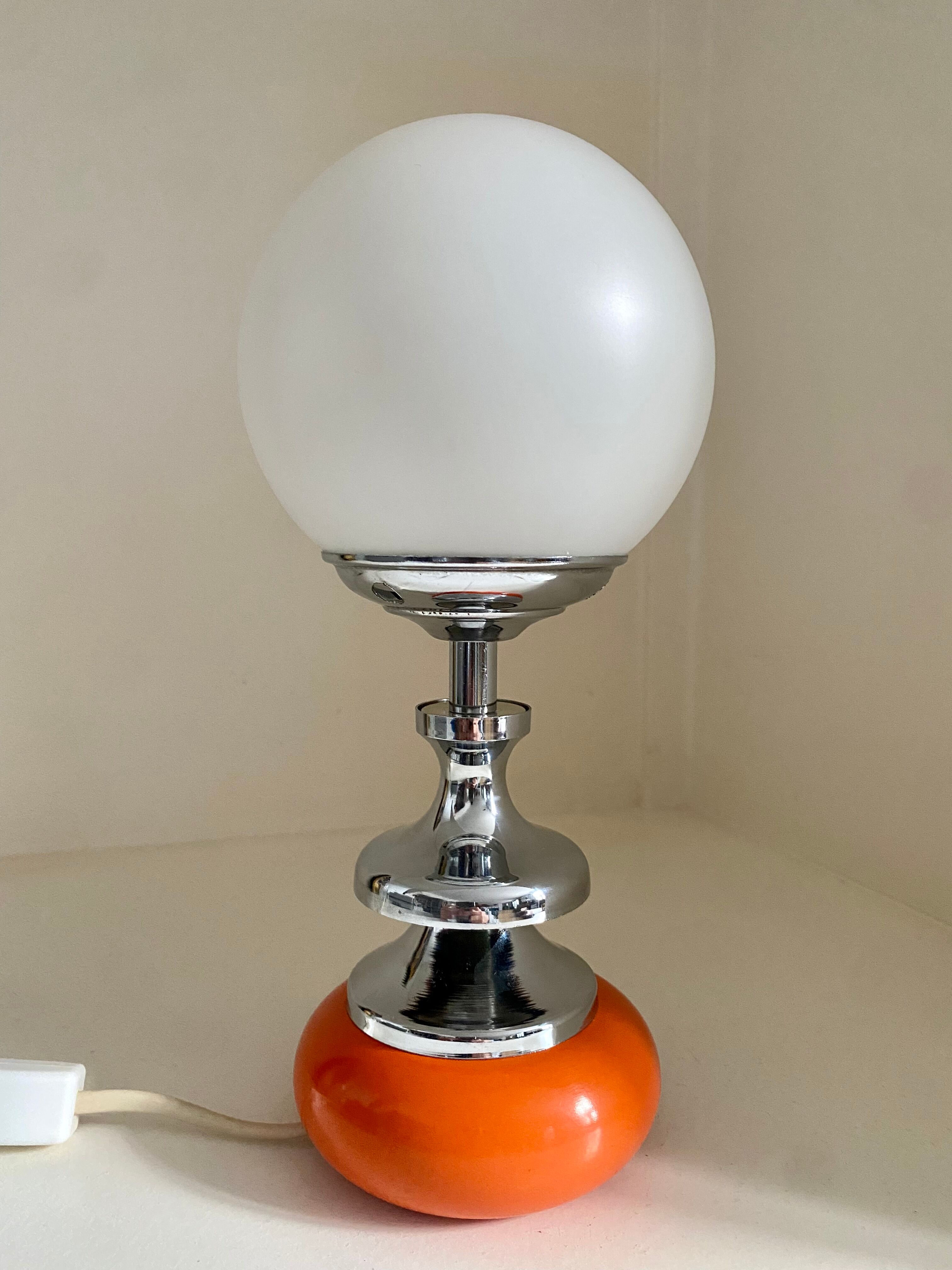 Vintage lamp opaline globe, wood turned orange and chrome 60s 70s