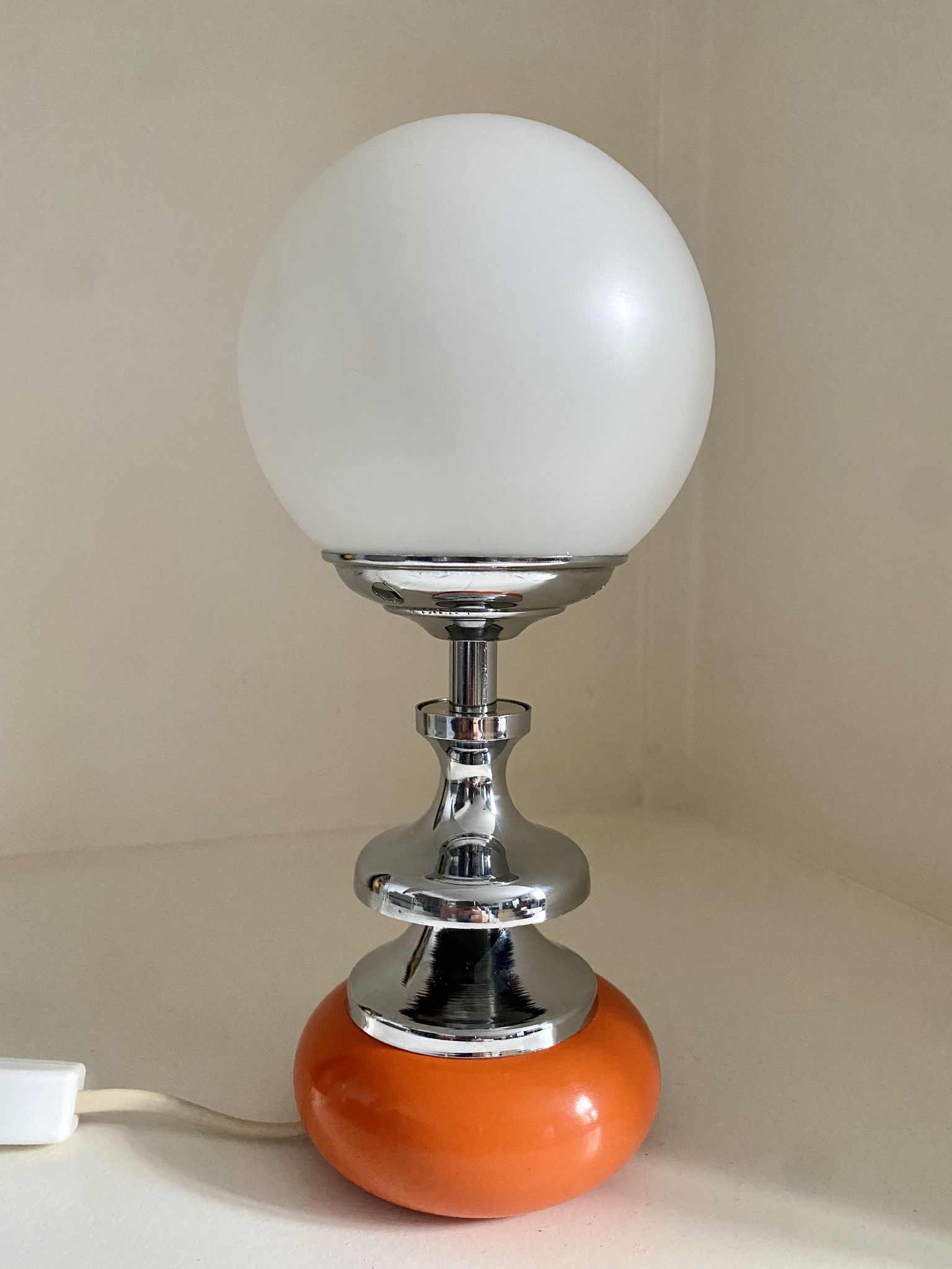 Vintage lamp opaline globe, wood turned orange and chrome 60s 70s