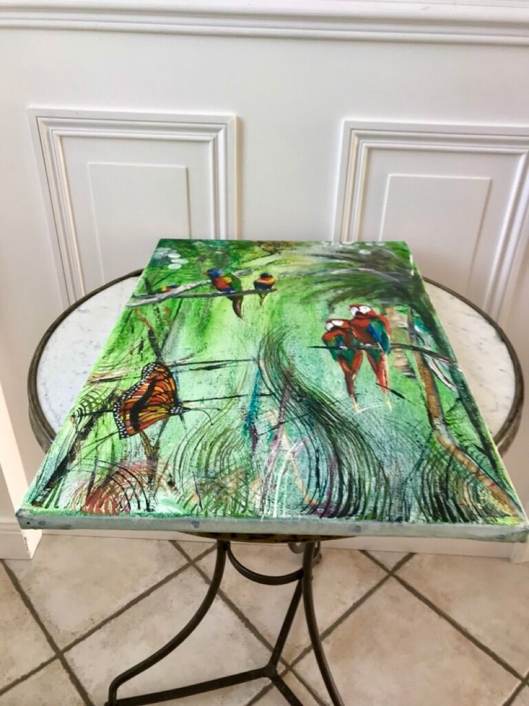 Oil painting on canvas jungle parrot signed vintage