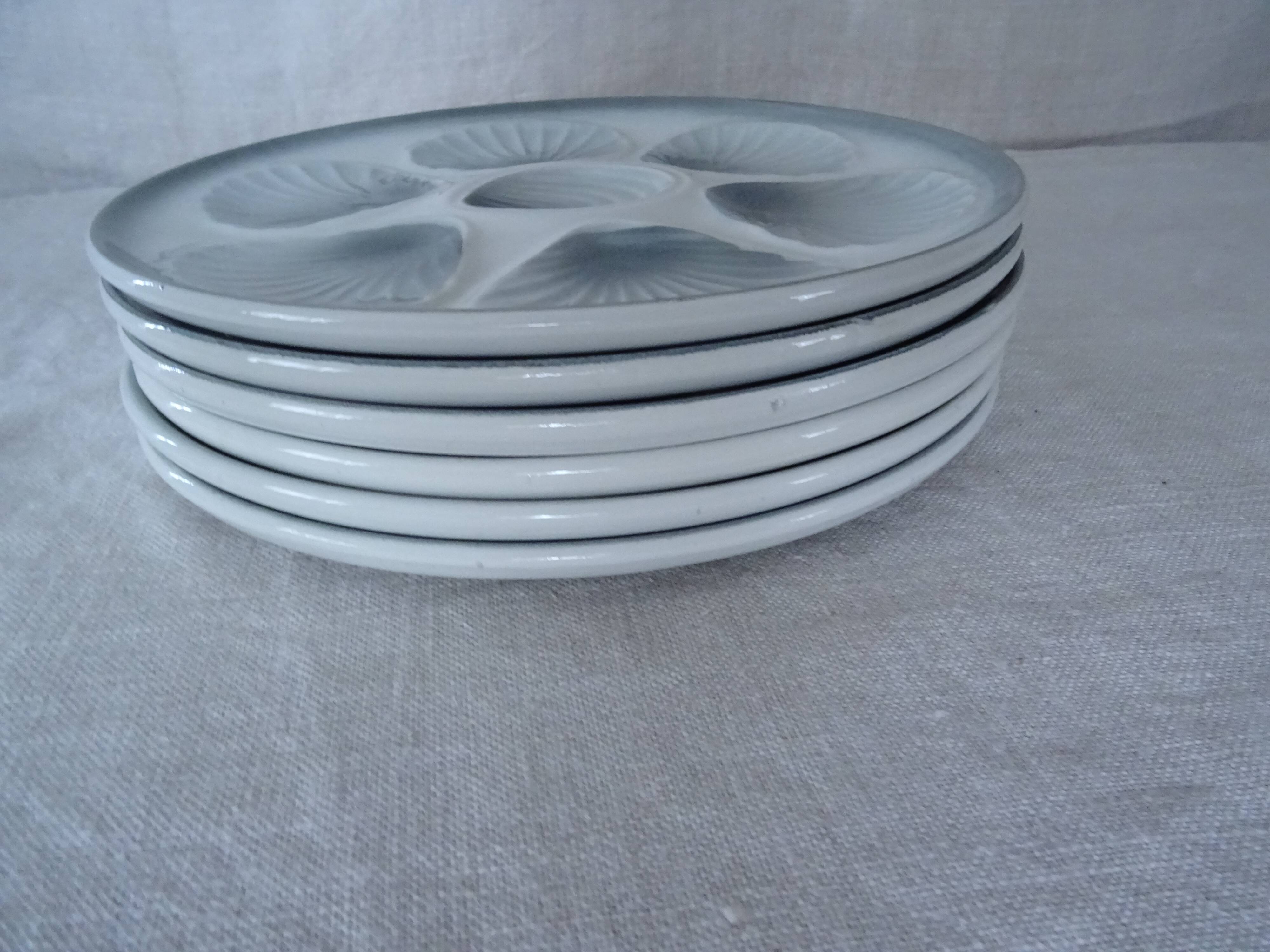 6 oyster plates slip mill wolves blue gray 1492 old faience