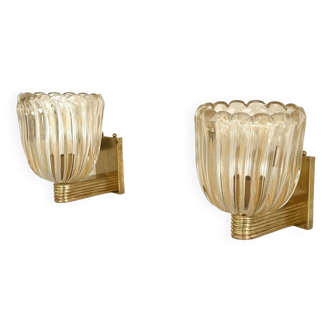 Italian Brass and Murano Glass Wall Lights or Sconces in Art Deco Style