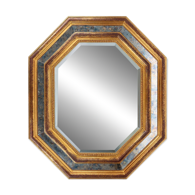 Miroir octogonal doré de Deknudt Belgique décoré de verre miroir fumé
