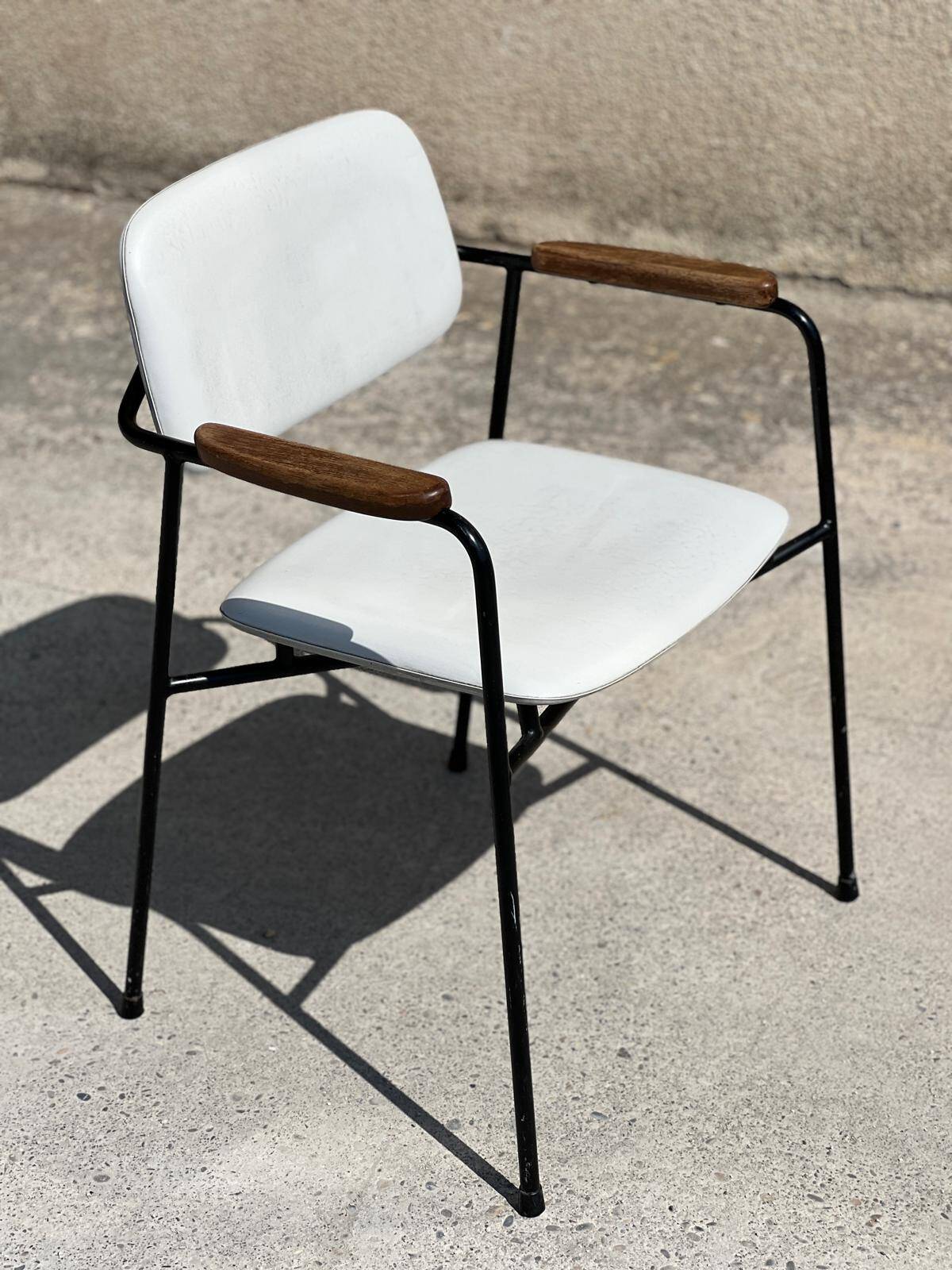 Vintage 1950s metal, oak and faux leather armchair