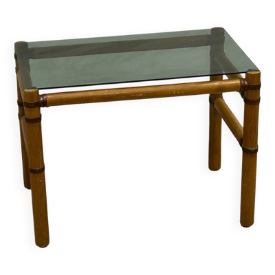 Table basse bois blond et verre fumé à ligatures cuir