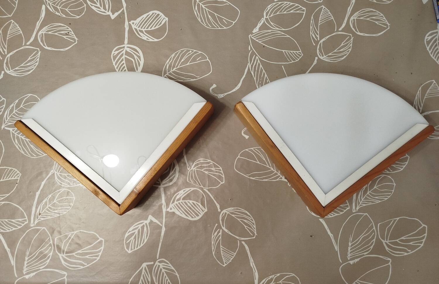 Pair of postmodern wood and plexiglass wall lights from the 1980s.