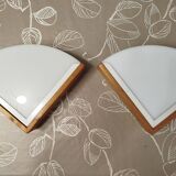 Pair of postmodern wood and plexiglass wall lights from the 1980s.