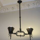 Brutalist wrought iron and copper 2-arm chandelier, 1960s