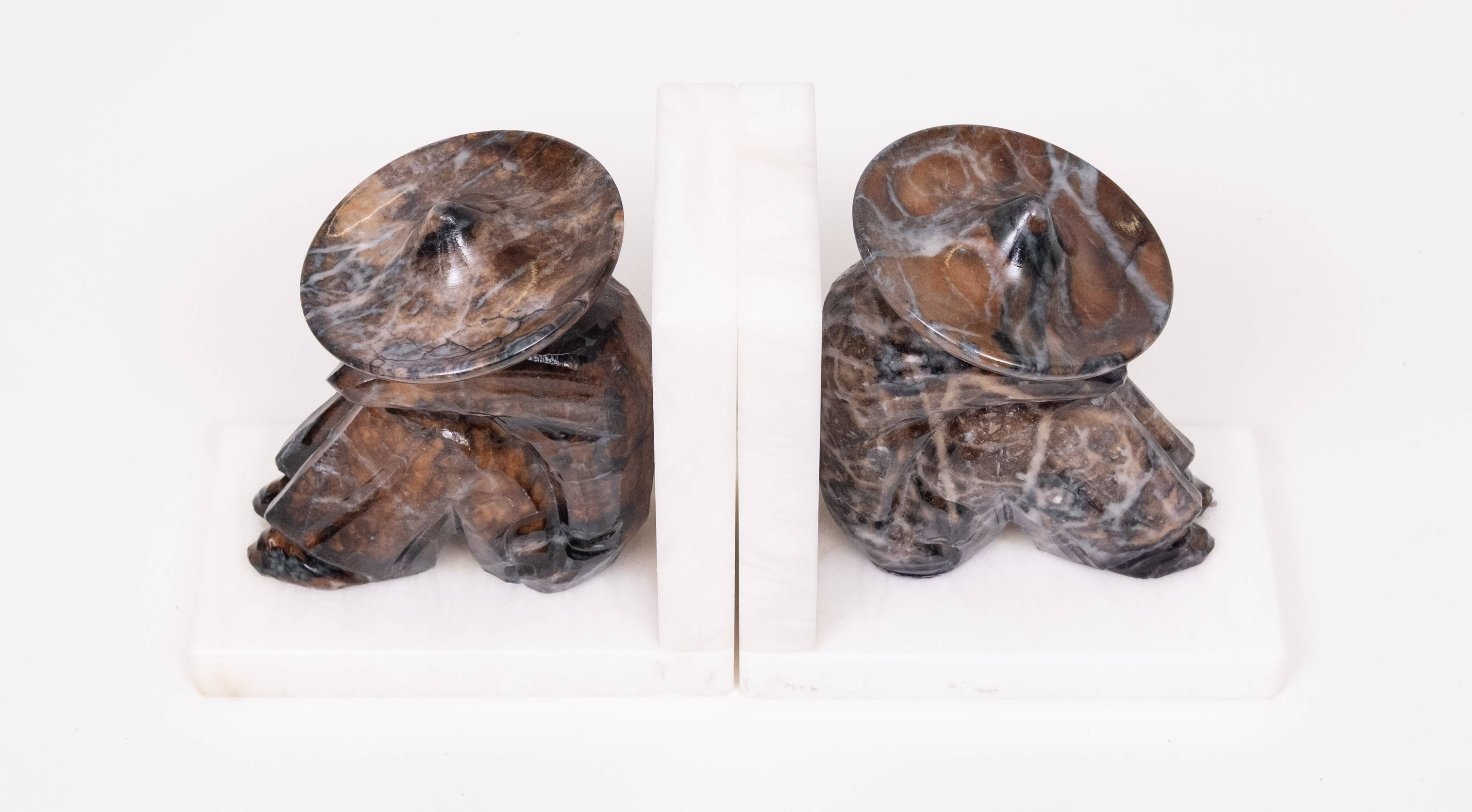 Vintage Onyx and White Marble Bookends, Sombrero Design, Mexico, 1970s