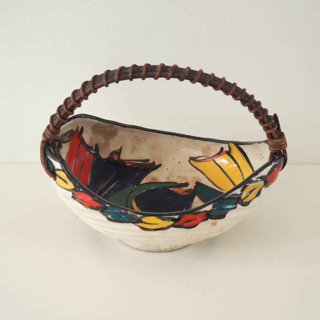 Vintage Artisan Japanese Ceramic Bowl With Woven Handle