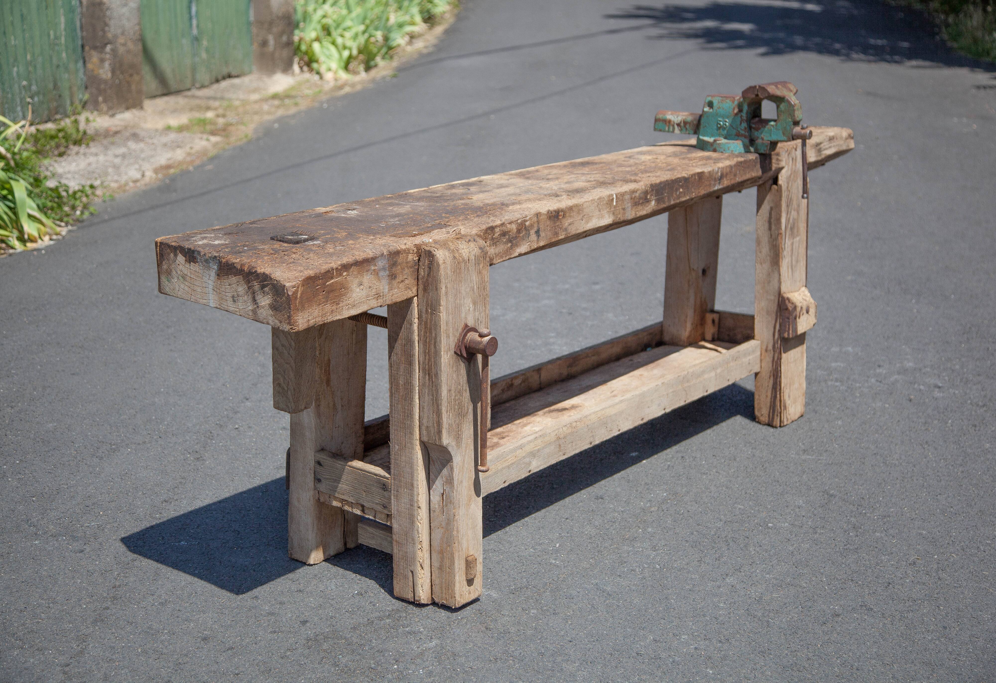 Large carpenter's workbench, old workbench, wooden workbench, industrial decoration