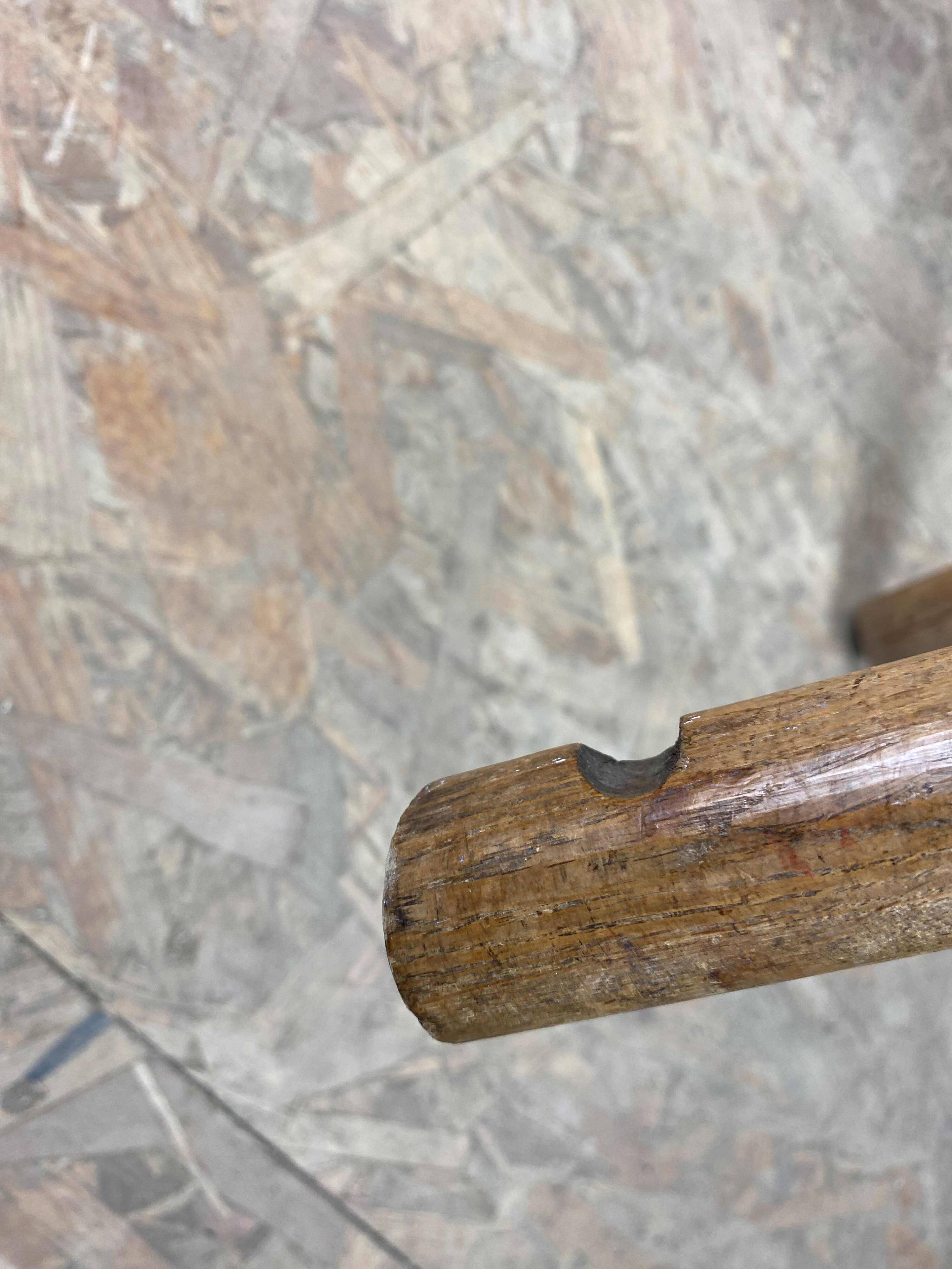 Set of 6 brutalist solid oak tripod farm stools from the 1950s