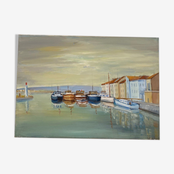 Huile sur toile paysage de port