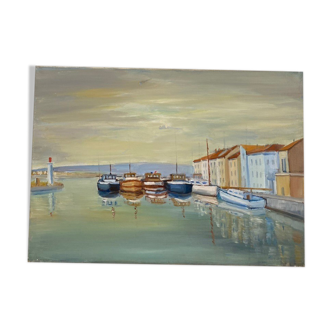 Huile sur toile paysage de port