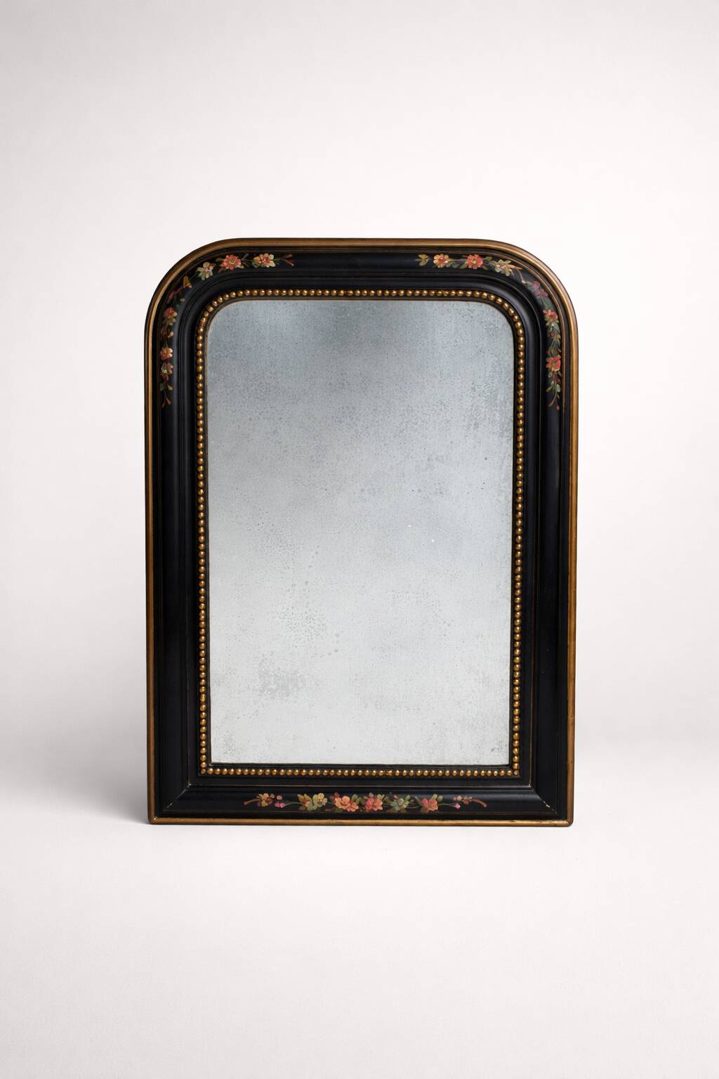 Antique Napoleon III mirror, black frame with hand-painted floral decoration – 19th century