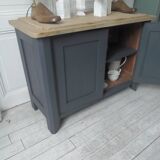 Small low Parisian sideboard re-enchanted in slate gray, medium oak waxed top.