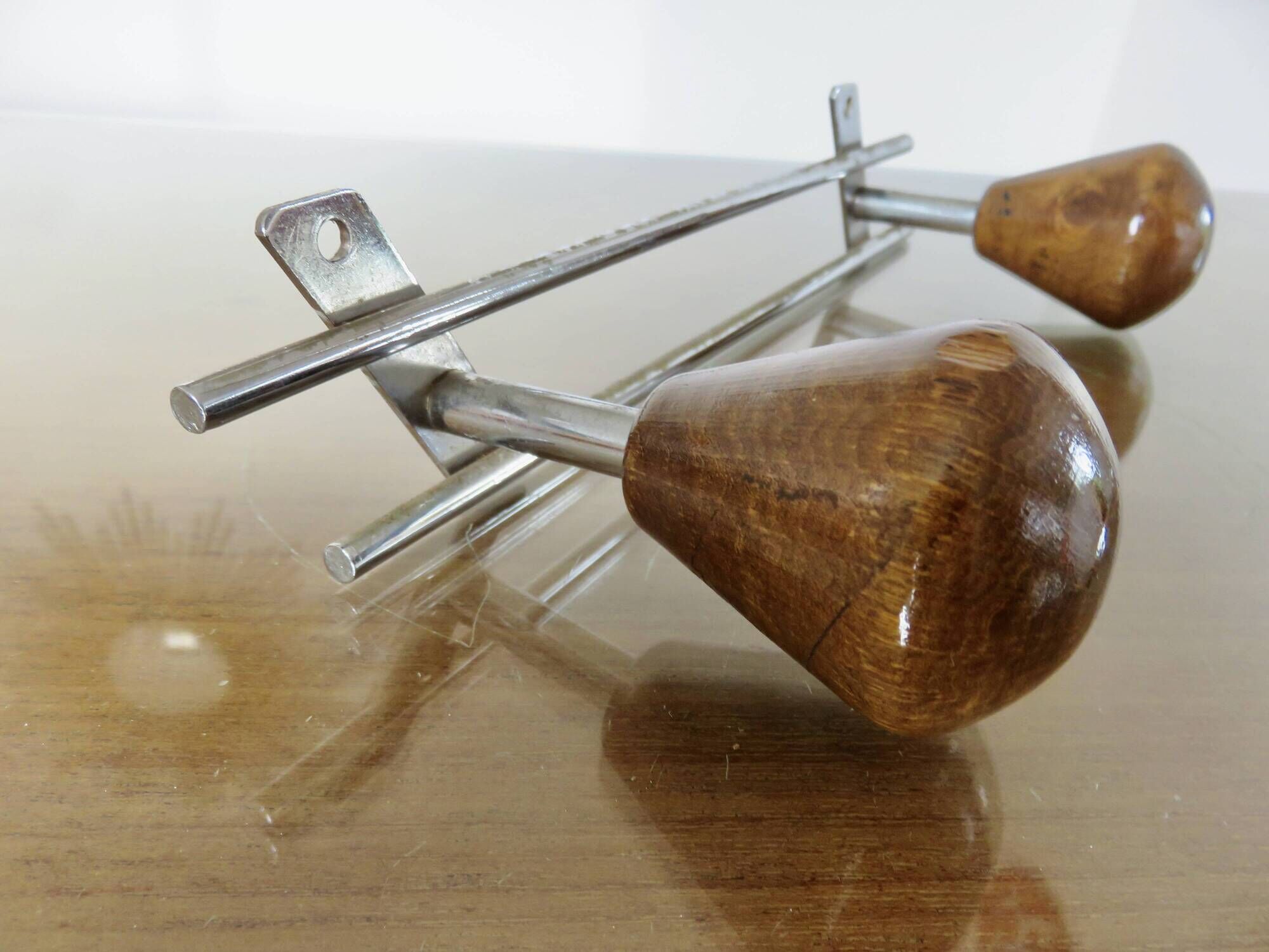 Scandinavian wall-mounted coat rack, wood and chrome-plated metal, 1960s-70s