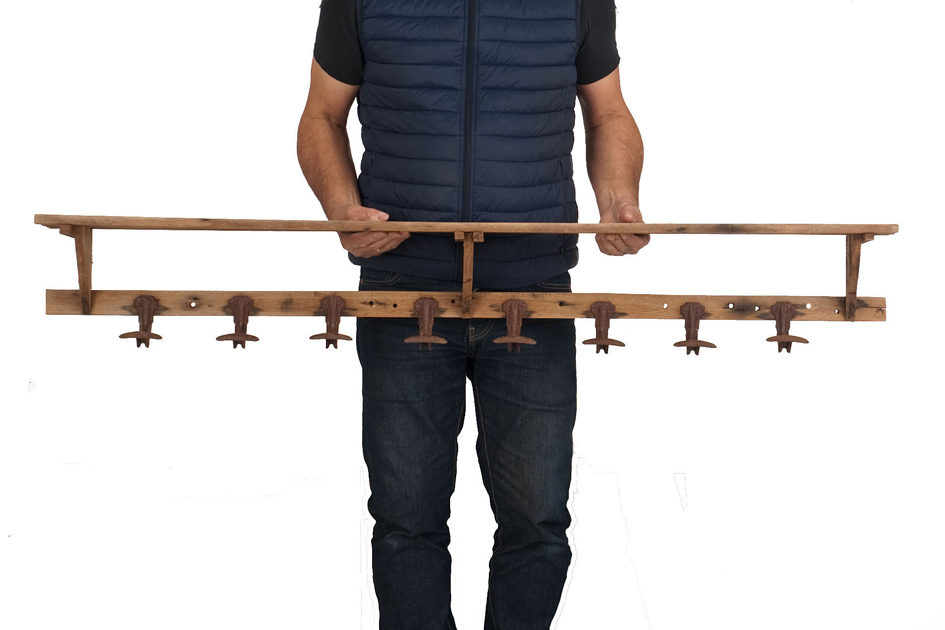 Wooden coat rack and hat rack wall with 8 hooks circa 1950