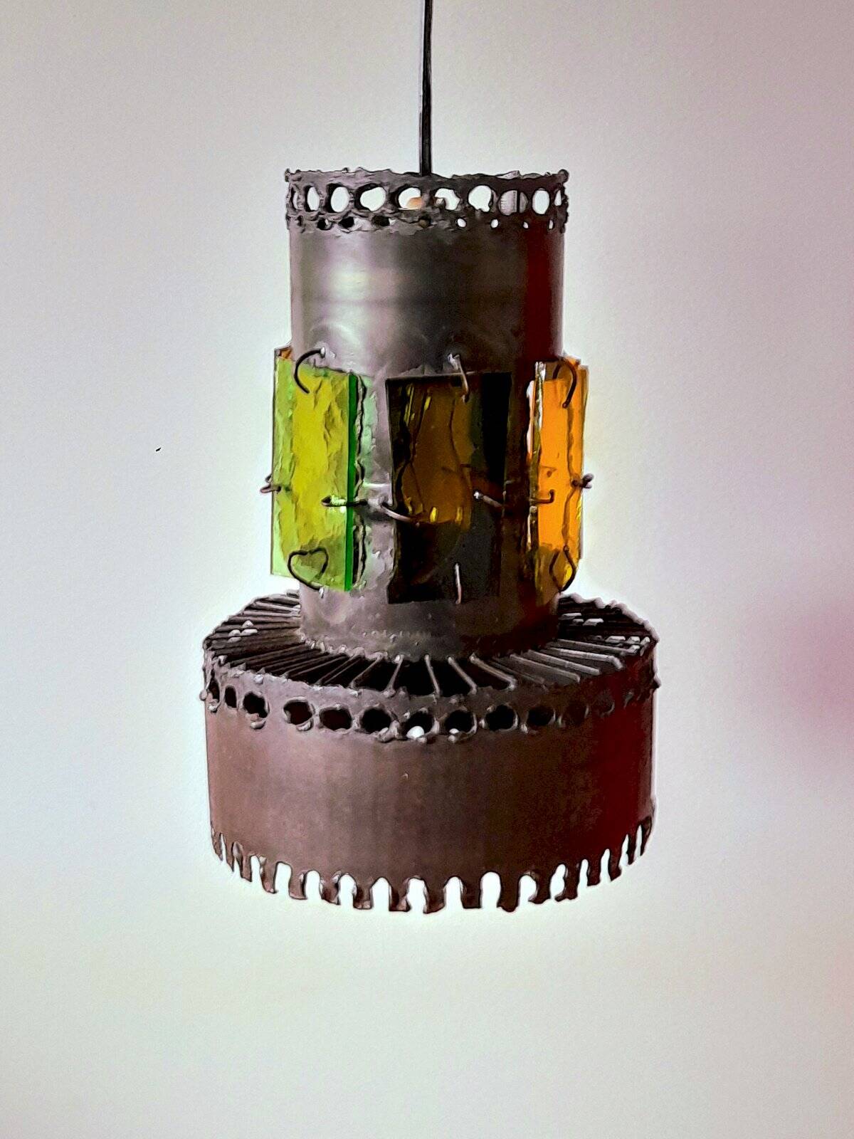 Brutalist suspension light 1960 industrial metal/glass