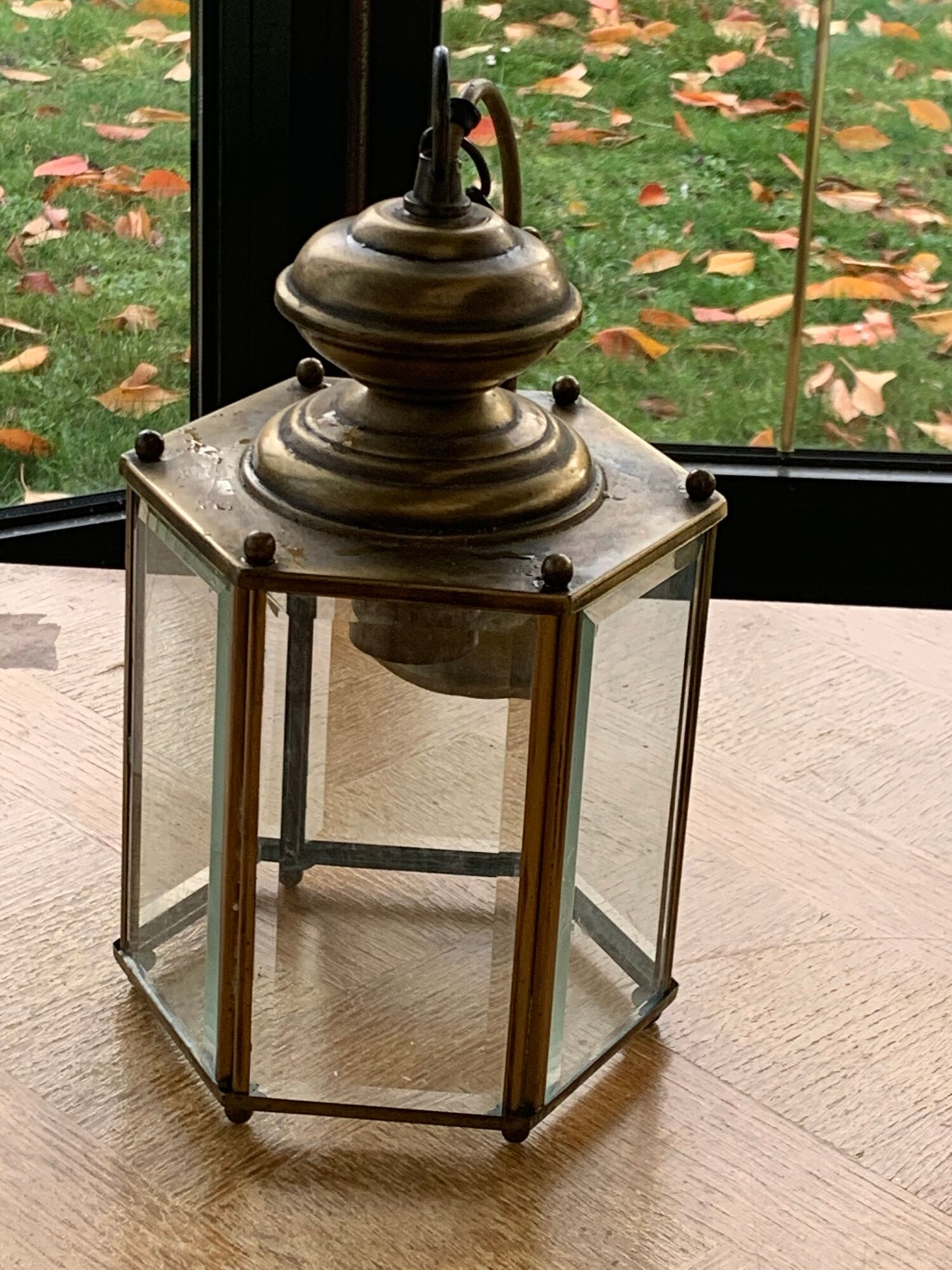 Brass suspension light and vintage faceted glass