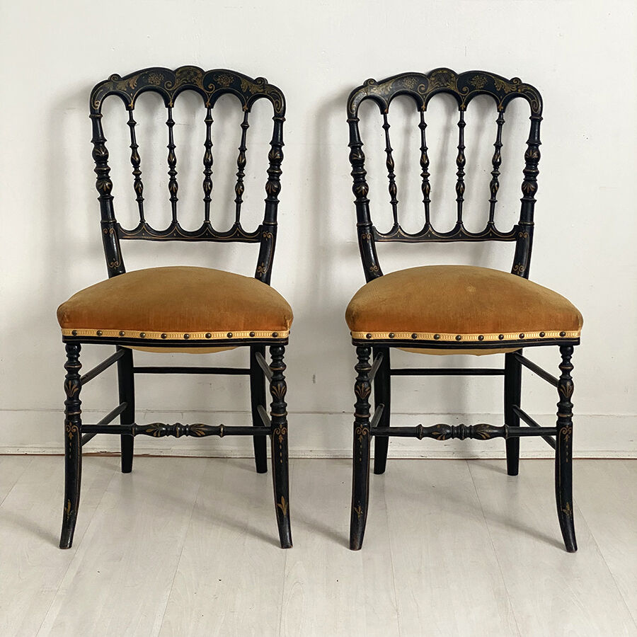 Pair of Napoleon III chairs called "Chiavari" in blackened wood