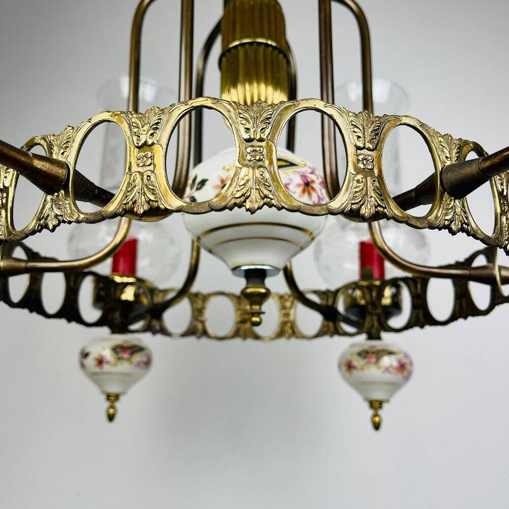 Vintage porcelain and brass chandelier, Italy, 1930s