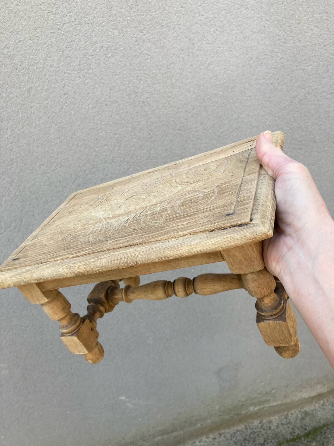 Small stool rustic raw oak sculpted top