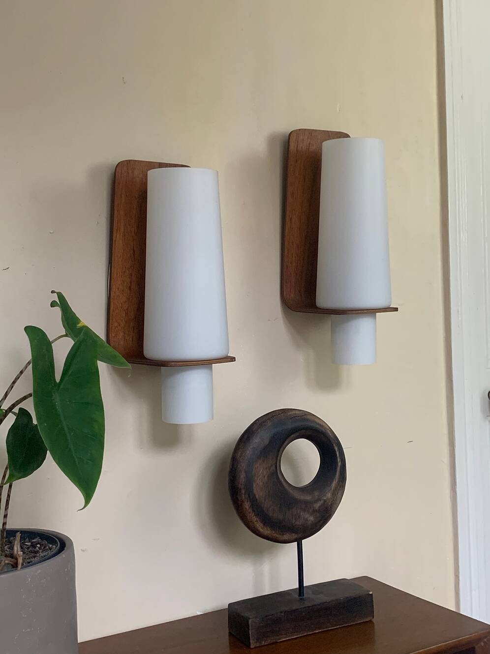 Vintage Scandinavian teak and opaline wall lights