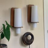 Vintage Scandinavian teak and opaline wall lights