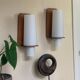 Vintage Scandinavian teak and opaline wall lights