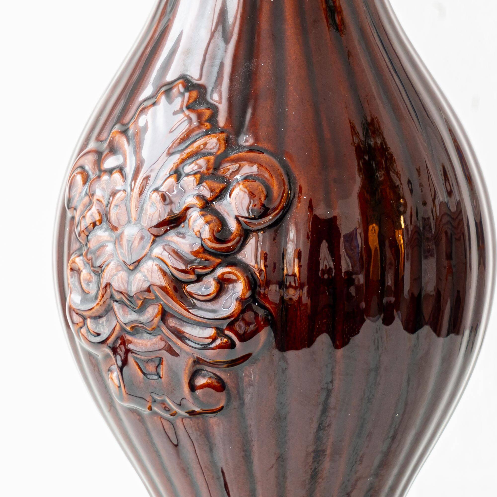 Chocolate glazed ceramic table lamp from Manises, Spain, 1960s with a new silk shade.