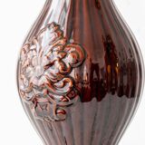 Chocolate glazed ceramic table lamp from Manises, Spain, 1960s with a new silk shade.