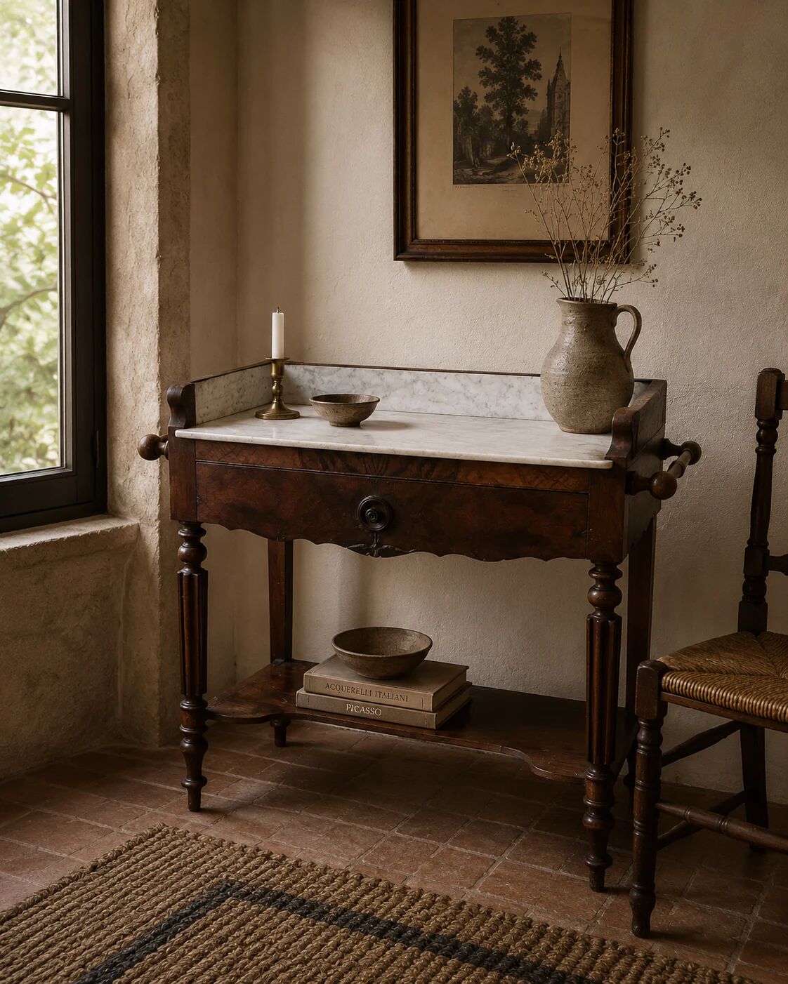 Bureau coiffeuse en bois et marbre